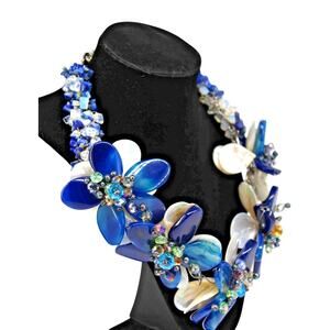 Big 3" Flower Necklace Blue Glass Mother of Pearl Green Yellow AB Crystal Lapis